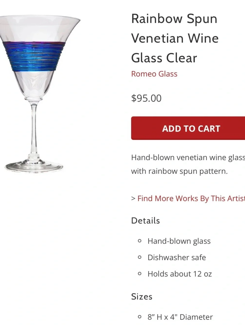 Venetian Wine Glass, Rainbow spun by An American Craftsman, MINH -Set of 2 NIB